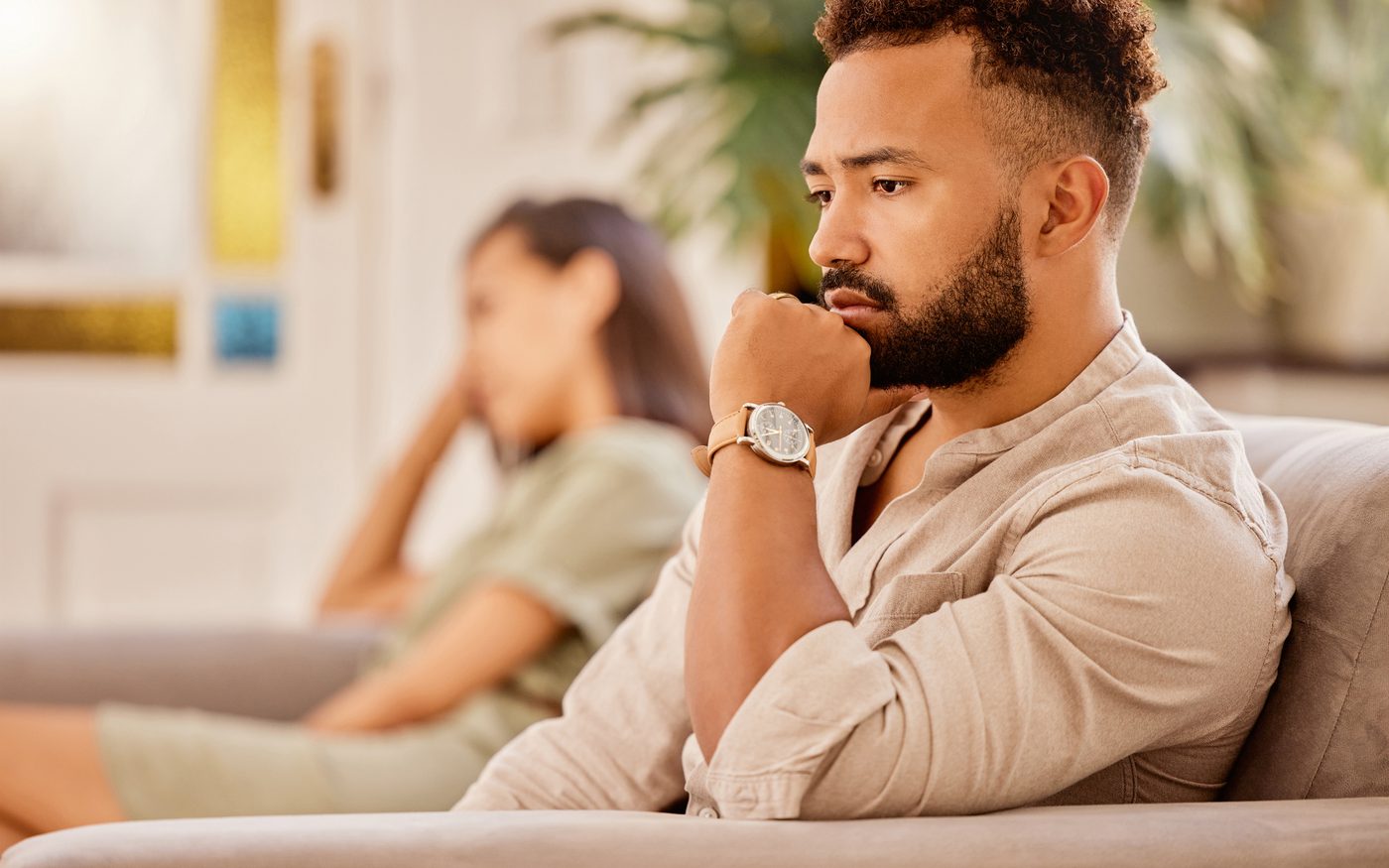 A couple in a tense conversation