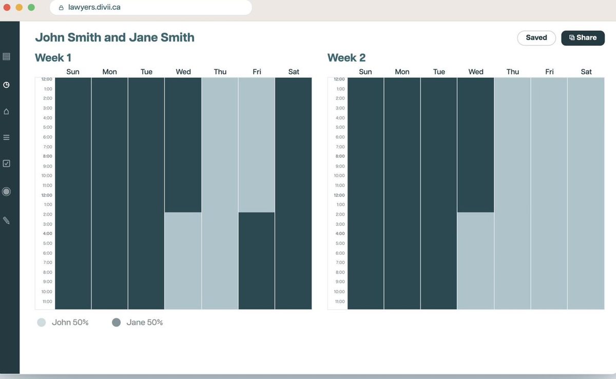 Divii parenting schedule planner showing a two-week visual schedule