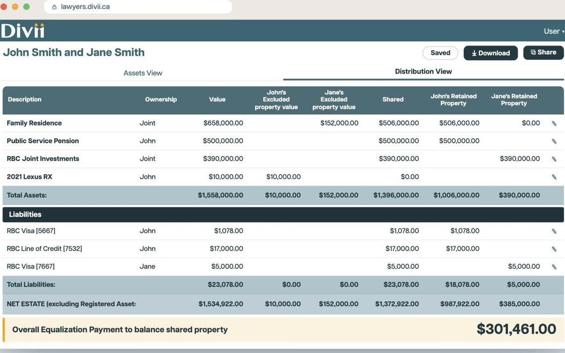 Divii property division and equalization screen showing an auto-calculated equalization payment