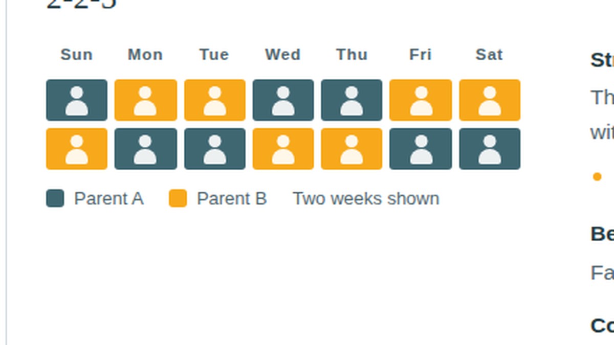 Common shared parenting schedules drawn week by week